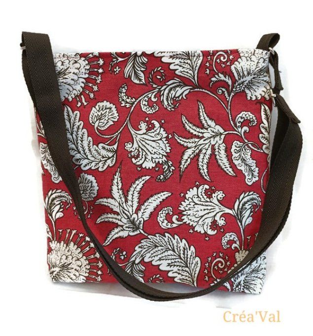 Sac bandoulière bi-matière, noir et fleuri rouge et blanc - modèle Eva- SEV/04