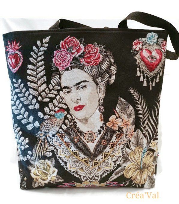 Sac cabas XL,zippé, bi-matière noir, Frida Kahlo CABXL/01