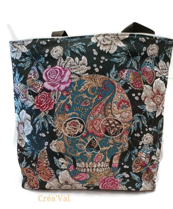 Sac cabas XL,zippé, bi-matière noir, tête de mort joyeuse CABXL/03