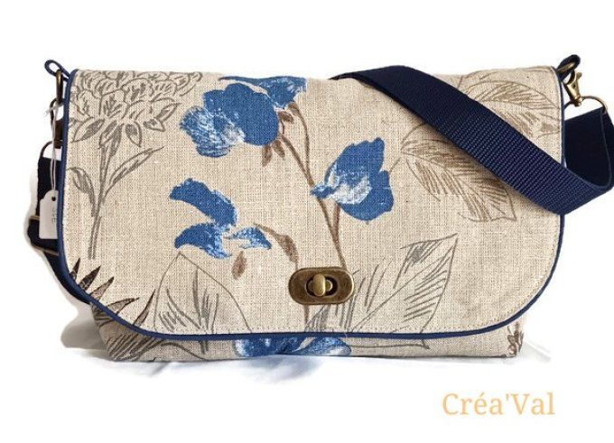 Sac Besace femme - Coton/lin fleuri bleu - SB/102