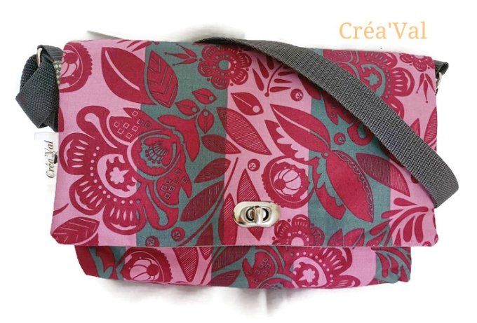 Sac Besace femme - Fleur rose et gris - SBB/06